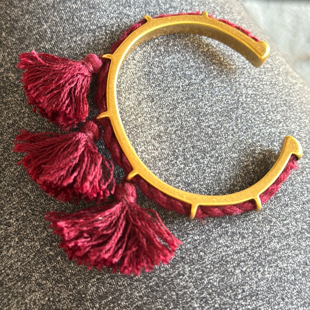 New Madewell Cuff Bracelet gold tone with burgundy tassels